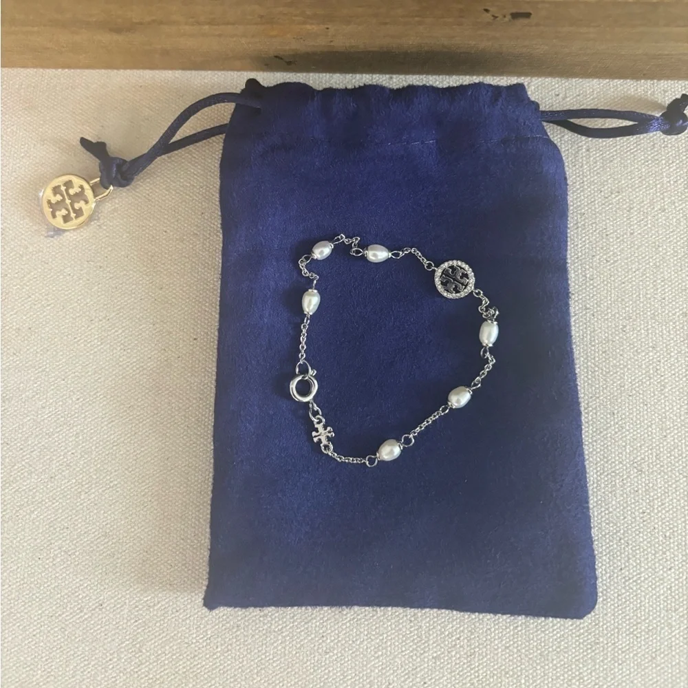 Tory Burch Crystal Pearl Logo Bracelet NEW